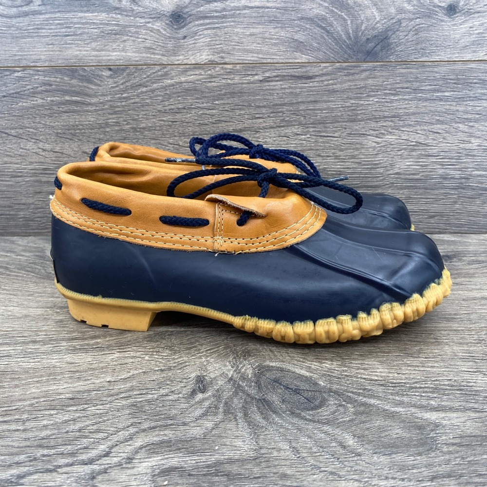 Dexter Duck Shoes Women Size 6 Navy Blue Tan Leather Rubber Rain Boots USA Made